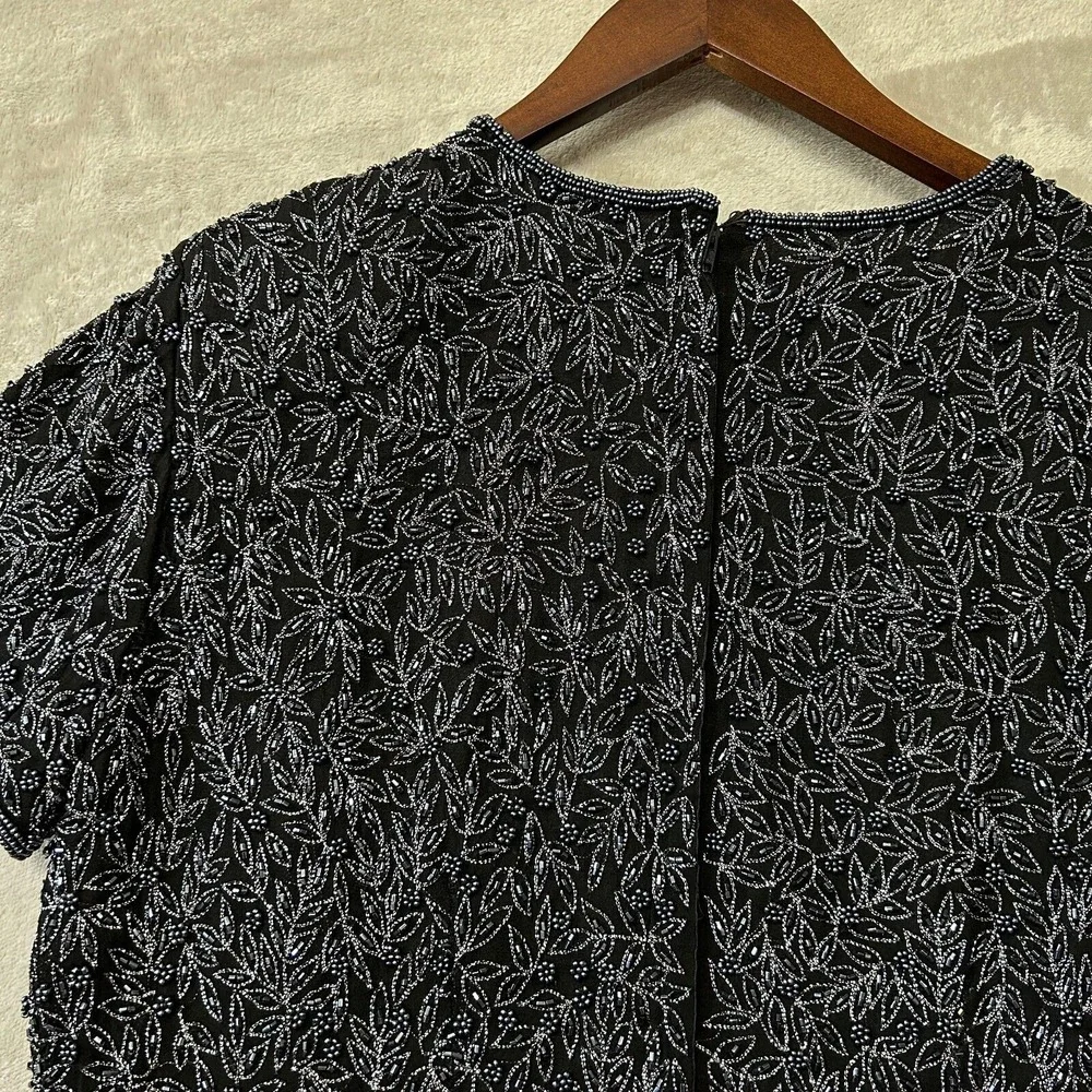 Adrianna Papell Silk‎ Top Formal Black Beaded Medium Embellished Zip Fairy Goth